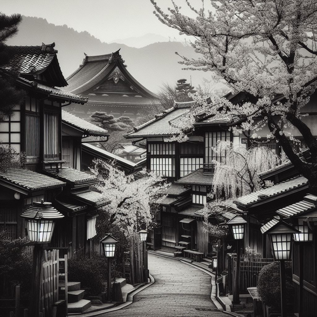foto de una calle de kioto en blanco y negro